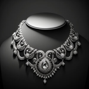 Necklace made of white gold with diamonds on a stand in the dark room, luxury jewelry, AI generated image